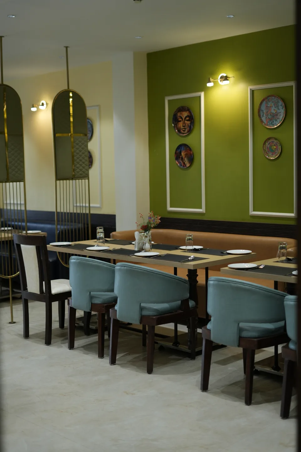 Dekchi pure-veg restaurant, warmly set table